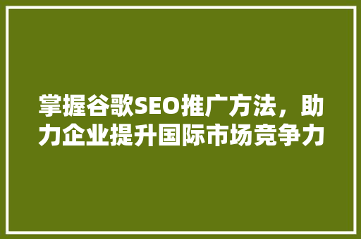 掌握谷歌SEO推广方法，助力企业提升国际市场竞争力,全方位学习资源与步骤