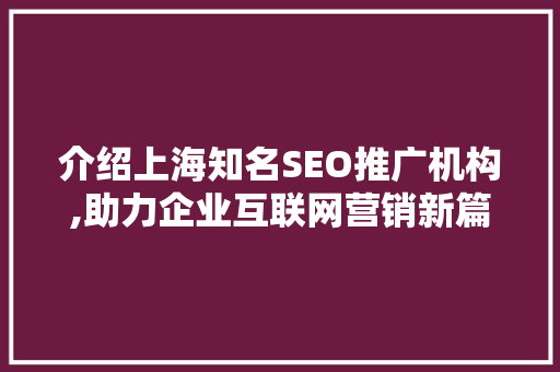 介绍上海知名SEO推广机构,助力企业互联网营销新篇章