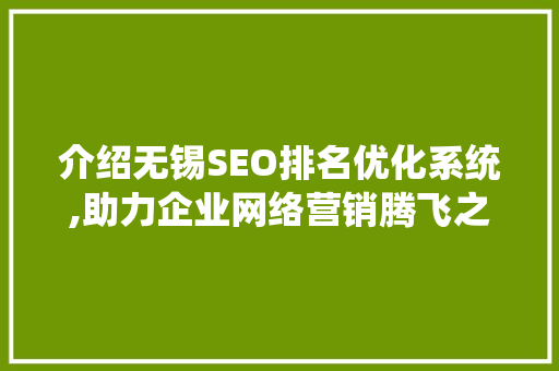 介绍无锡SEO排名优化系统,助力企业网络营销腾飞之路