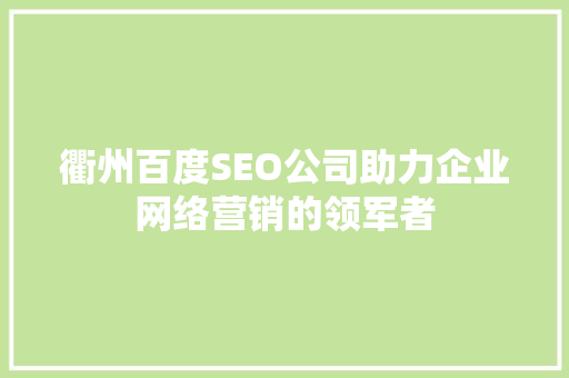 衢州百度SEO公司助力企业网络营销的领军者