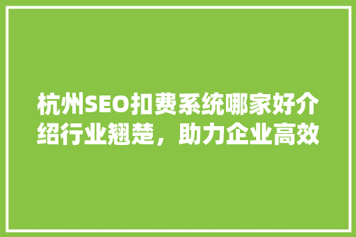 杭州SEO扣费系统哪家好介绍行业翘楚，助力企业高效推广