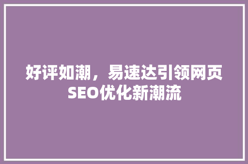 好评如潮，易速达引领网页SEO优化新潮流