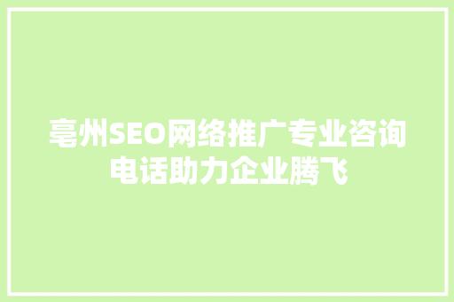 亳州SEO网络推广专业咨询电话助力企业腾飞