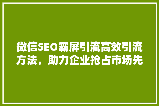 微信SEO霸屏引流高效引流方法，助力企业抢占市场先机