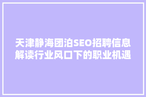 天津静海团泊SEO招聘信息解读行业风口下的职业机遇