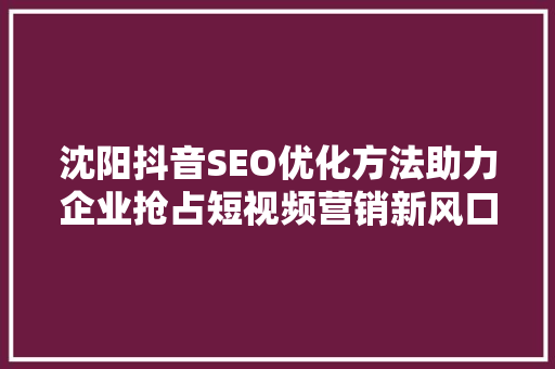 沈阳抖音SEO优化方法助力企业抢占短视频营销新风口