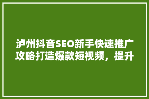 泸州抖音SEO新手快速推广攻略打造爆款短视频，提升品牌影响力