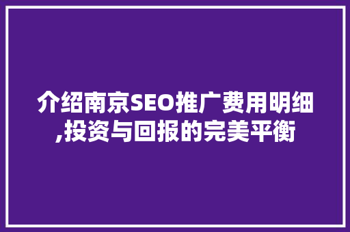 介绍南京SEO推广费用明细,投资与回报的完美平衡