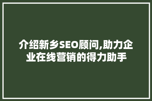 介绍新乡SEO顾问,助力企业在线营销的得力助手