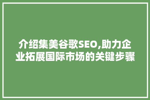 介绍集美谷歌SEO,助力企业拓展国际市场的关键步骤