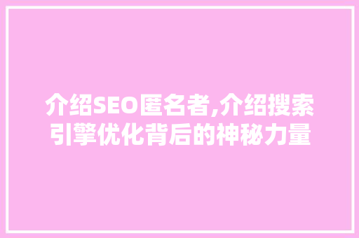介绍SEO匿名者,介绍搜索引擎优化背后的神秘力量