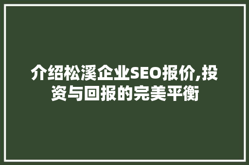 介绍松溪企业SEO报价,投资与回报的完美平衡