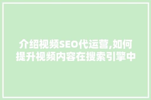 介绍视频SEO代运营,如何提升视频内容在搜索引擎中的排名