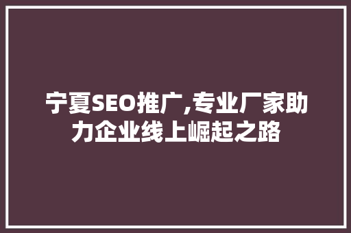 宁夏SEO推广,专业厂家助力企业线上崛起之路