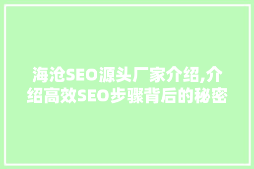 海沧SEO源头厂家介绍,介绍高效SEO步骤背后的秘密