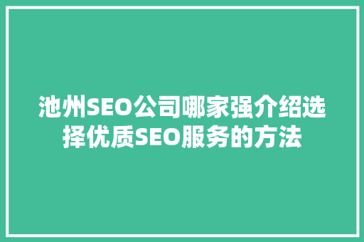池州SEO公司哪家强介绍选择优质SEO服务的方法