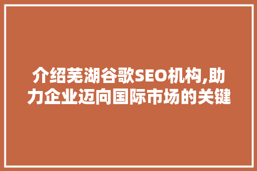 介绍芜湖谷歌SEO机构,助力企业迈向国际市场的关键步骤