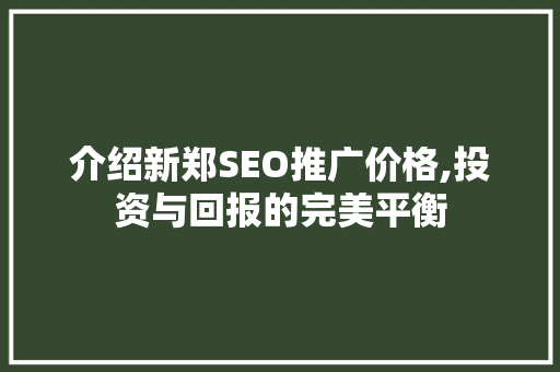 介绍新郑SEO推广价格,投资与回报的完美平衡