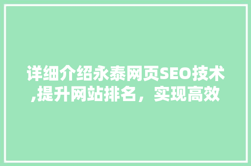 详细介绍永泰网页SEO技术,提升网站排名，实现高效转化