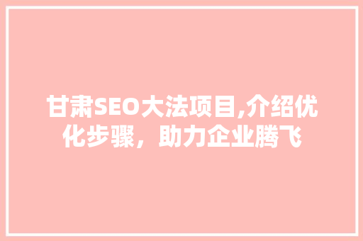 甘肃SEO大法项目,介绍优化步骤，助力企业腾飞