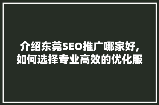 介绍东莞SEO推广哪家好,如何选择专业高效的优化服务商