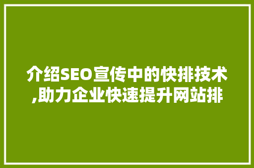 介绍SEO宣传中的快排技术,助力企业快速提升网站排名与流量