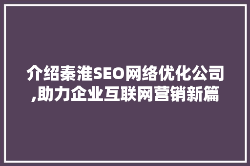 介绍秦淮SEO网络优化公司,助力企业互联网营销新篇章